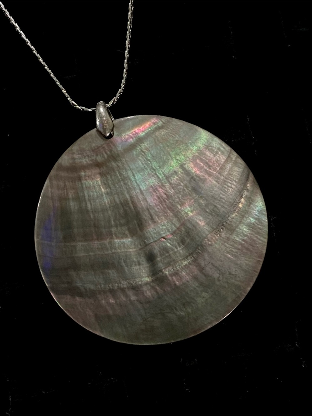 Iridescent Black Mother-of-Pearl Abalone Round Pendant Necklace